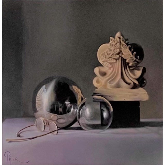 The Center of the Sphere Doesn't Lie on its Surface by Marsha Whitesides Piper | Oil on panel Still life with spheres and a sculpture For Sale