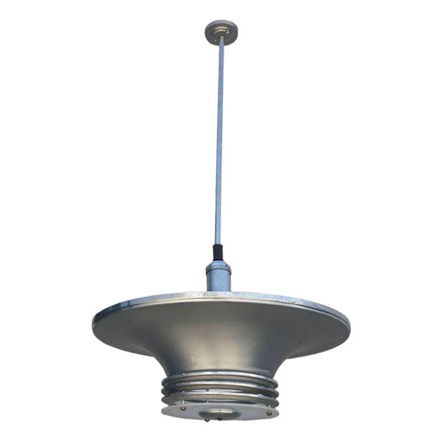 1930s Art Deco Machine Age Spun Aluminum 30.5" 4 Ring Pendant Light, 5 Available For Sale