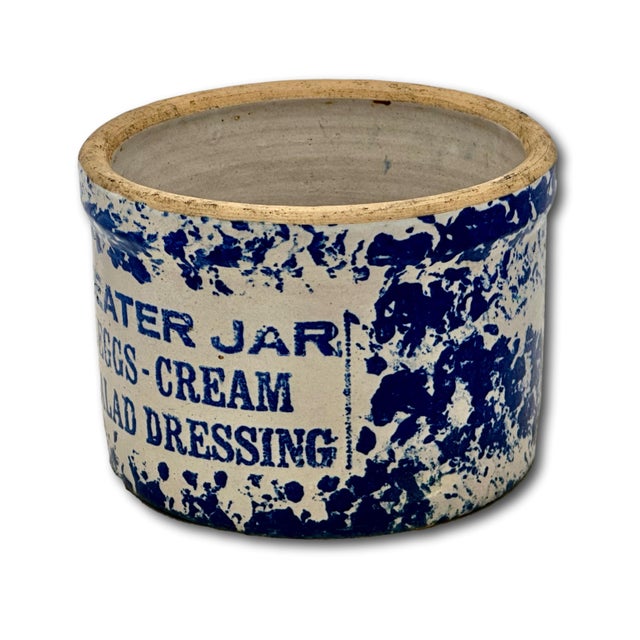Unusual Antique American Blue Spongeware Decorated Kitchen Beater Jar - Circa Very Early 1900s For Sale - Image 4 of 18