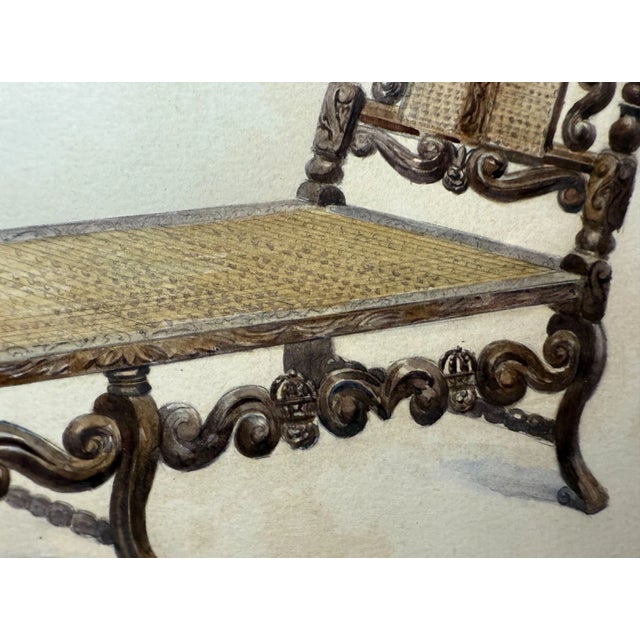 Antique 19th Century Original English Caned Day Bed Watercolor Painting Chair For Sale - Image 9 of 11