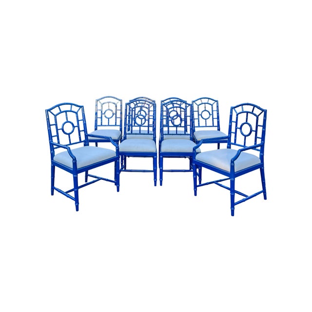 Faux Bamboo Chinoiserie Style Blue Dining Chairs in Blue Set of 8 For Sale In New York - Image 6 of 14