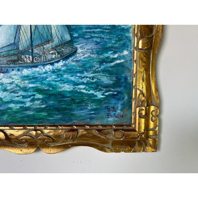 Wood 1960's Vintage Expressionist - Style Cityscape Boat Oil Painting, Signed For Sale - Image 7 of 13