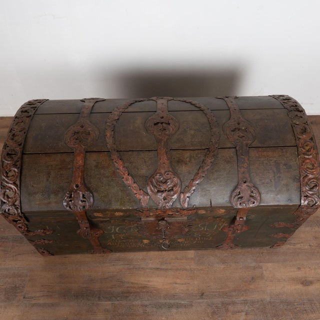 Large Swedish Oak Trunk With Original Green Painted Finish, Dated 1785 For Sale - Image 4 of 18