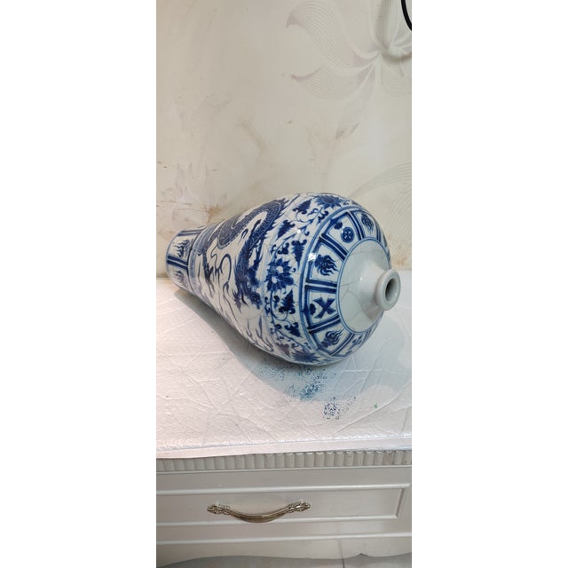 Early 20th Century Chinese Ceramic Vase Blue and White Porcelain Plum Vase Hand Painted Drragon Pattern For Sale - Image 5 of 11