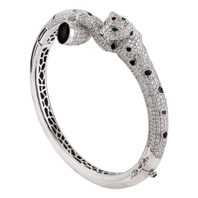 Art Deco 6.51 CTW Cluster Diamond Panther Bangle With Emerald Eyes in 14k Gold For Sale