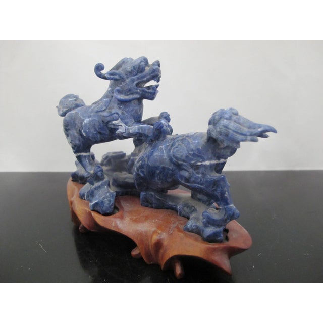 Chinese Carved Lapis Lazuli 2 Foo Dog Playing Figurine on Wood Stand For Sale In Portland, OR - Image 6 of 12