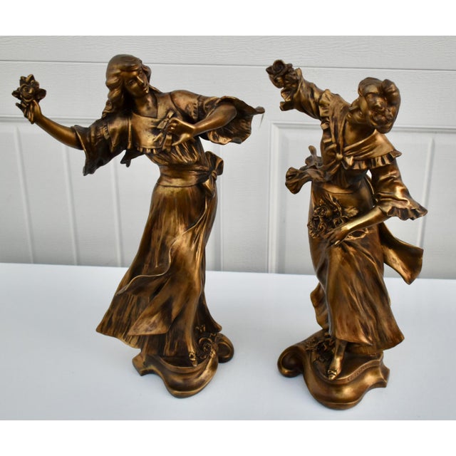 Vintage Metal Pair of Art Nouveau Woman Figures in a Bronze Finish For Sale - Image 10 of 13