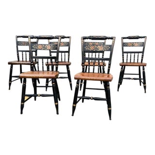Late 20th Century Set of Six Black L Hitchcock. Stencil Decorated Ebonized Wood Dining Side Chairs For Sale