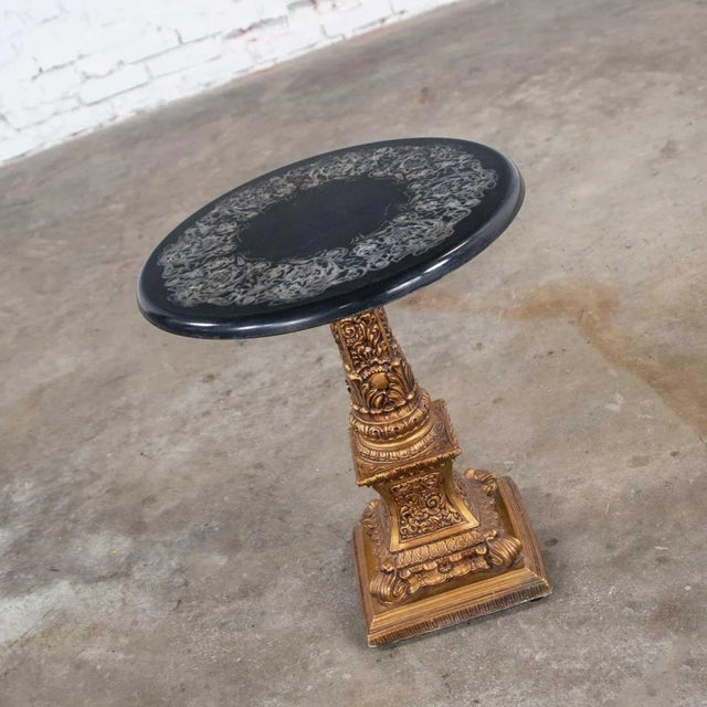 Black Neoclassic Hollywood RegencyPedestal Side Table Round Gilded Plaster & Black Composit Top For Sale - Image 8 of 13