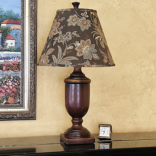Vintage Traditional Wood-Look Urn Table Lamp With Floral Botanical Shade For Sale - Image 13 of 18