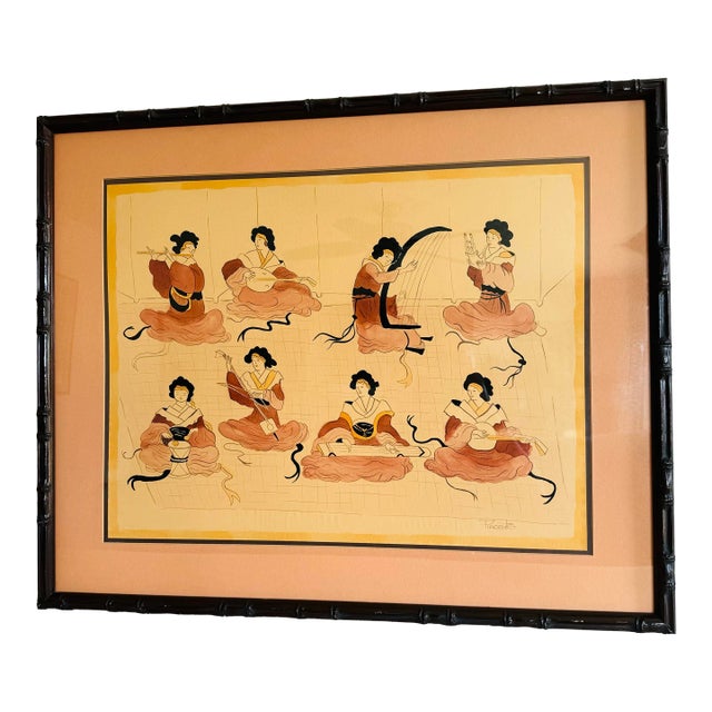 Vintage 1970s Asian Hand-Colored Pencil Drawing “Honey” by Piacente For Sale