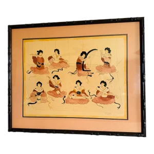 Vintage 1970s Asian Hand-Colored Pencil Drawing “Honey” by Piacente