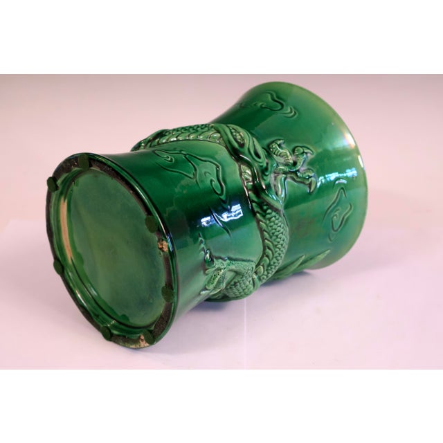 1920s Antique Awaji Pottery Dragon Vase Brush Pot Green Japanese For Sale - Image 5 of 7