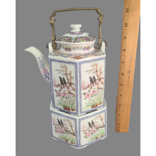 Vintage Japanese Hand Painted Floral, Birds Teapot Brass Handle on Warmer Stand For Sale - Image 4 of 11