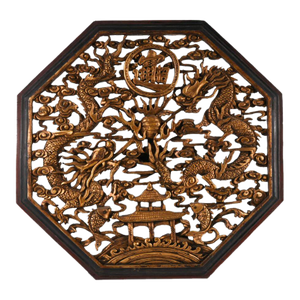 Early 20th Century Octagon Carved Wood Asian Wall Art
