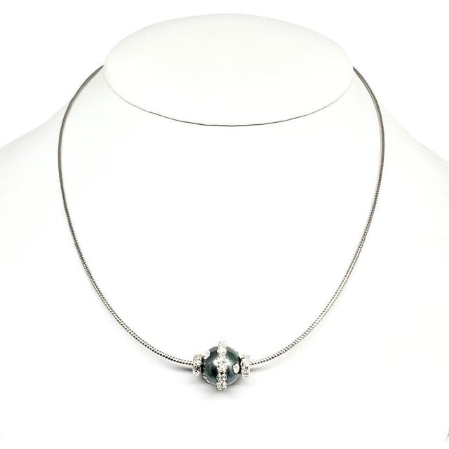 Silver Diamond Tahitian Pearl Necklace 0.60 TCW 14k Gold Certified For Sale - Image 8 of 10