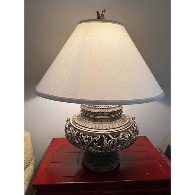 Beautiful Large Heavy Big Metal Table Lamp. The ornate metal base suggests a high level of craftsmanship. The intricate...