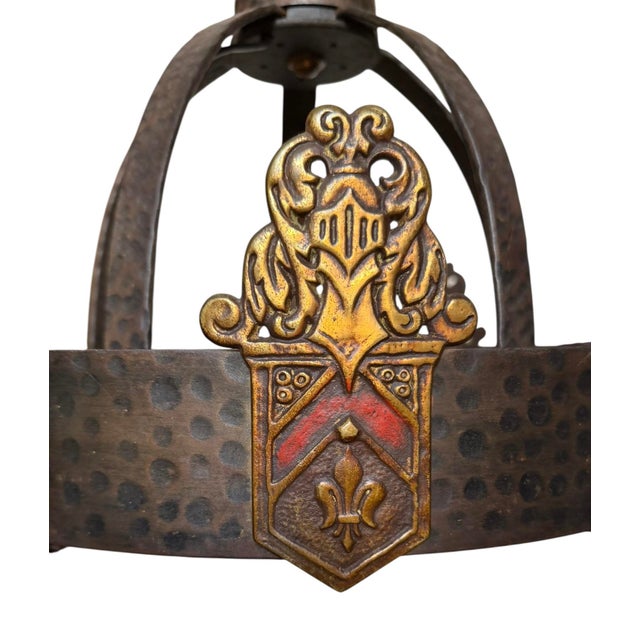Metal 1920s Bronzed Iron and Brass Knight and Fleur De Lis Chandelier For Sale - Image 7 of 8