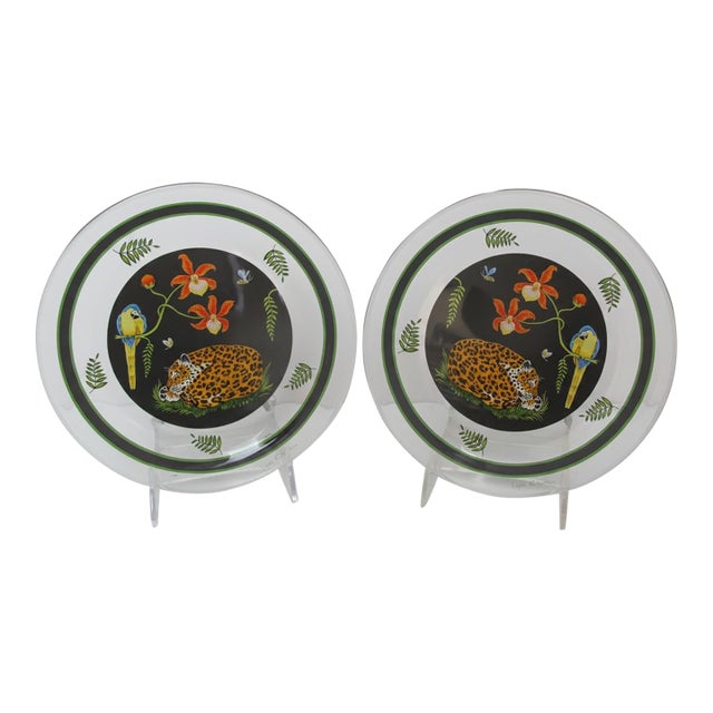 Lynn Chase Sleeping Jaguar Jungle Cat Glass 8 1/4" Salad Plate Set of 2 For Sale