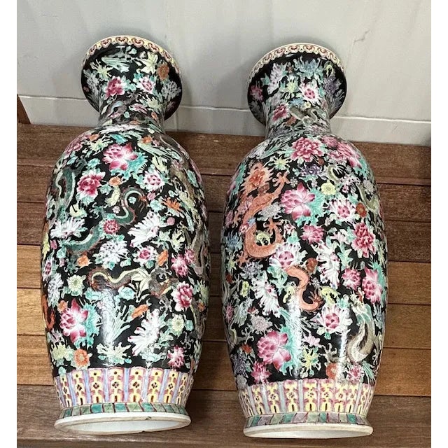 A Pair of 1920s Large Chinese Famille Noire Porcelain Vase For Sale - Image 4 of 12