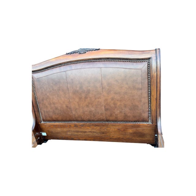 Modern King Size Wood Leather Sleigh Bed Frame For Sale - Image 3 of 6