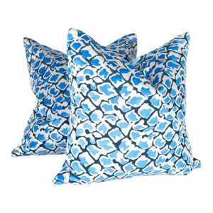 !24" X 24" Pair of Designer Pillows in Blue Velvet With Snakeskin Animal Print Pattern