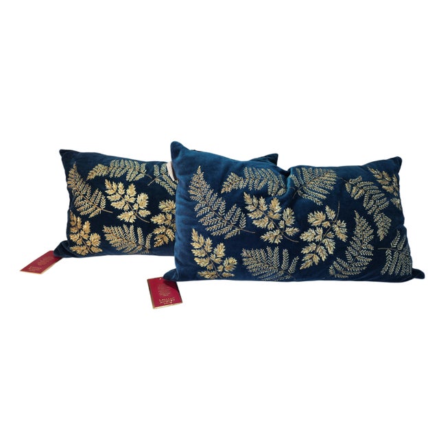 Lillian August Midnight Sapphire Velvet Lumbar Pillow With Gold Embroidery For Sale - Image 10 of 11
