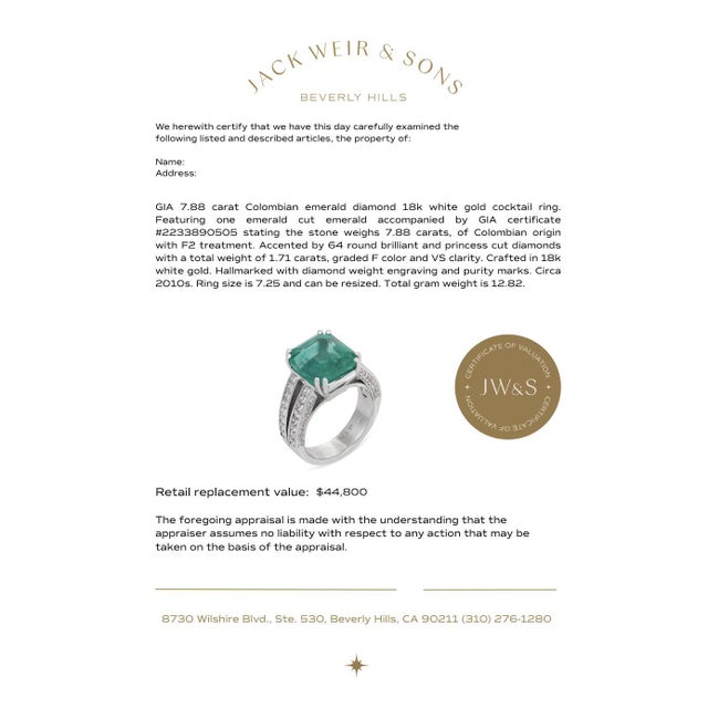 Green Gia 7.88 Carat Colombian Emerald Diamond 18k White Gold Cocktail Ring, Size 7.25 For Sale - Image 8 of 8