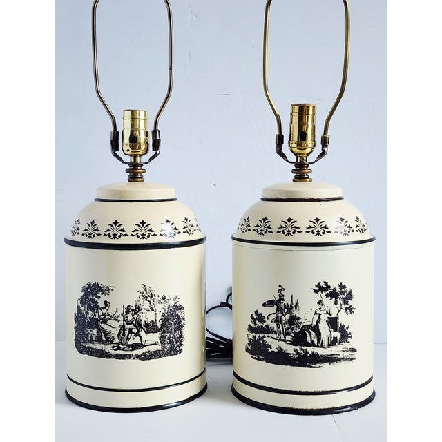 French Vintage Tole Painted French Style Tea Caddy Table Lamps-a Pair For Sale - Image 3 of 15