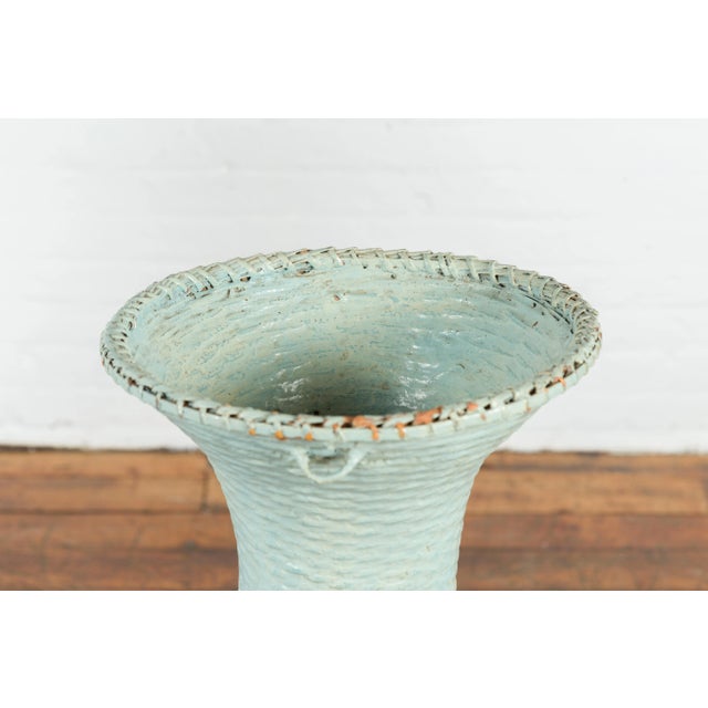 Mid 20th Century Large Vintage Chinese Woven Rattan Basket of Teal and Natural Color on Base For Sale - Image 5 of 13