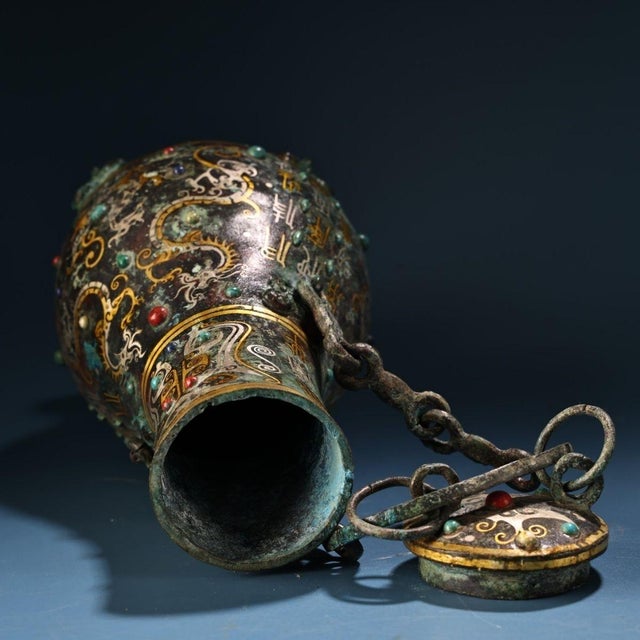 Gemstone Antique Chinese Bronze Vase With Gold & Silver Inlay, Gemstones & Chain Handle For Sale - Image 7 of 10