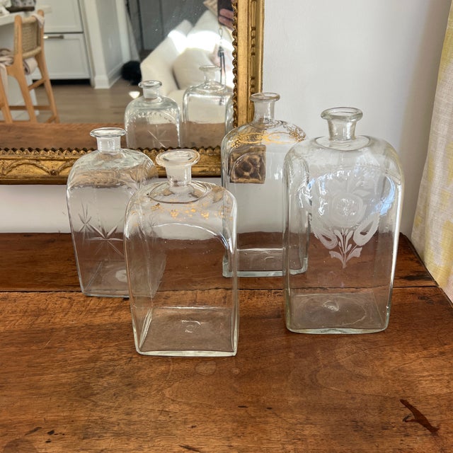 Traditional Antique 19th Century Delicate Hand Blown Etched and Decorated Bottle Decanters- Set of 4 For Sale - Image 3 of 9