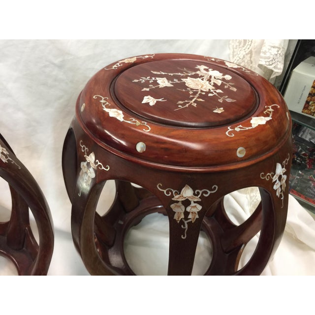 Pair of Inlaid Chinese Rosewood Drum Stools Mother of Pearl Chairish