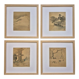 Set of 4 Antique Japanese Paintings of Landscapes, Temple and Country Scenes – Newly Framed For Sale