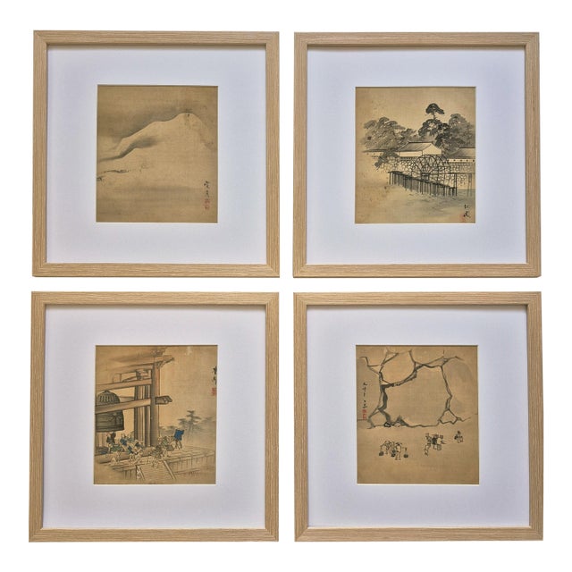 Set of 4 Antique Japanese Paintings of Landscapes, Temple and Country Scenes – Newly Framed For Sale