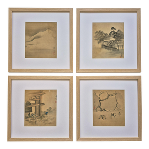 Set of 4 Antique Japanese Paintings of Landscapes, Temple and Country Scenes – Newly Framed
