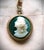 Vintage Victorian Gold Pocket Watch Locket, Green Cameo Woman, Long Art Glass Chain For Sale - Image 11 of 16