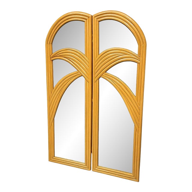 1930s Restored Art Deco Palm Frond Design Rattan Mirror Folding Screen For Sale