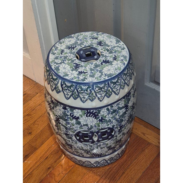 Blue Vintage Asian Ceramic Blue-White-Green Floral Garden Stool For Sale - Image 8 of 9