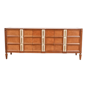 Romweber Mid-Century Hollywood Regency Burl Wood and Travertine Triple Dresser or Credenza, Newly Refinished
