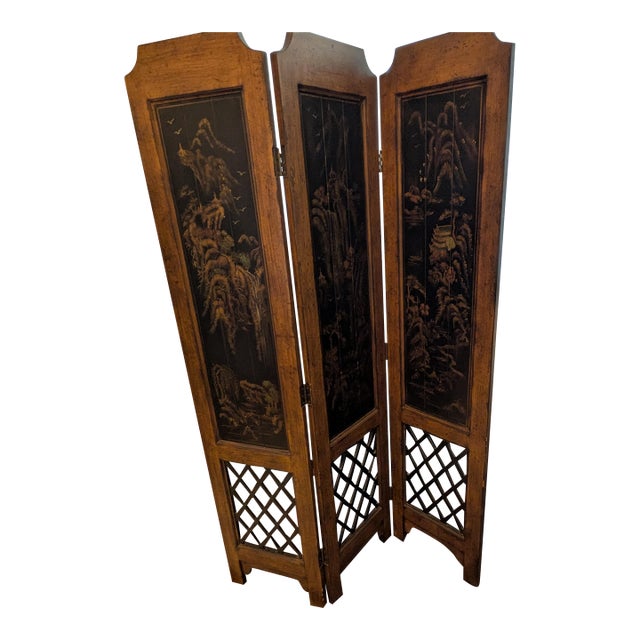 Vintage Chinoiserie Three-Panel Folding Screen With Lattice Base For Sale