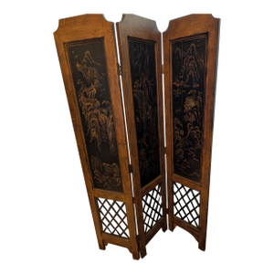 Vintage Chinoiserie Three-Panel Folding Screen With Lattice Base