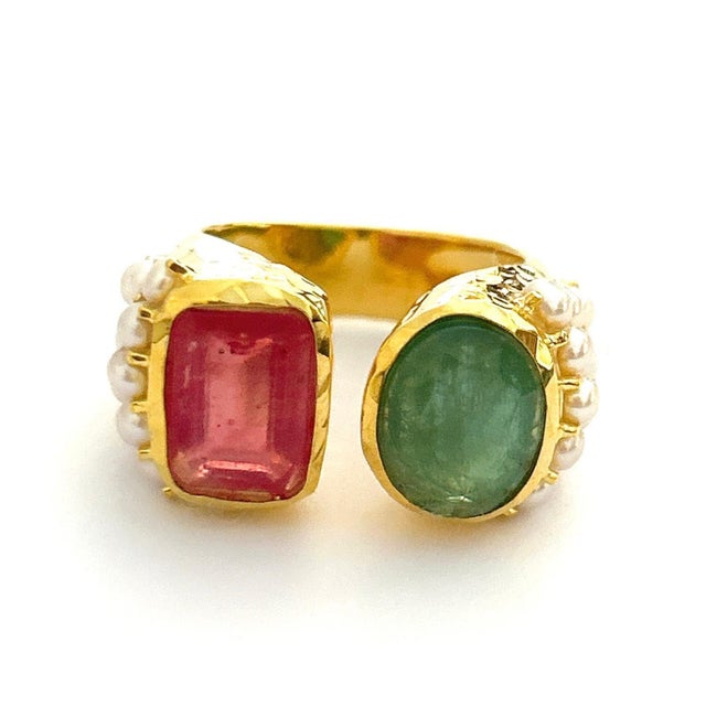 Bochic “Orient” Red Ruby, Green Emerlad & Pearl Ring Set 18K Gold & Silver, Size 4.5 For Sale - Image 9 of 11