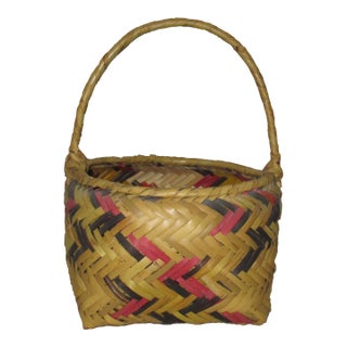 Antique American 10" Handwoven River Cane Basket W Handle For Sale