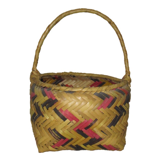 Antique American 10" Handwoven River Cane Basket W Handle For Sale