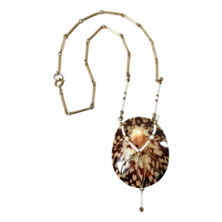 1990s Gold Plated Chain Necklace With Pearls and Goldtone Spacers Over Limpet Shell For Sale
