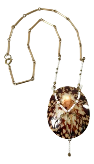 1990s Gold Plated Chain Necklace With Pearls and Goldtone Spacers Over Limpet Shell