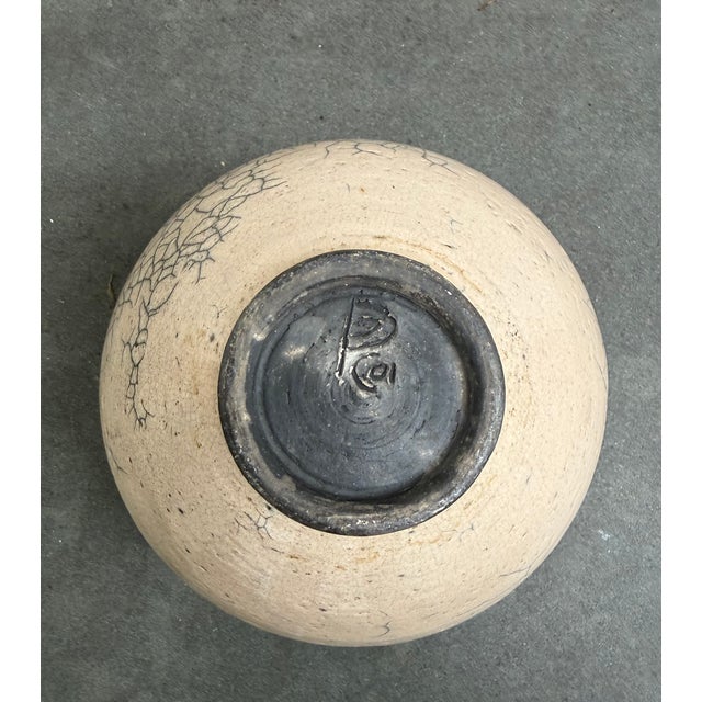 1980s Vintage Raku Fire Vessel Crackle Glazed Ceramic Pottery Vase Signed For Sale - Image 5 of 6
