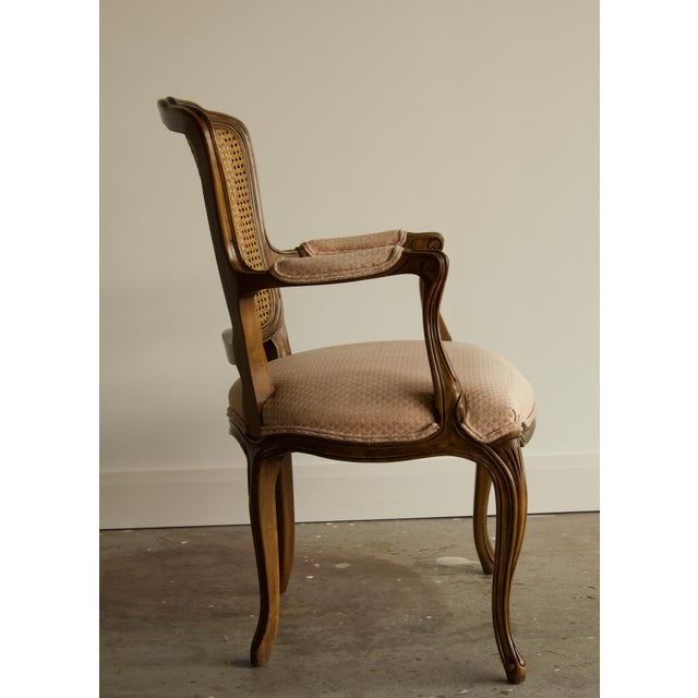 French Blush Fabric Kindel French Louis XV Caned Back Fauteuil Armchair, 1977 For Sale - Image 3 of 6