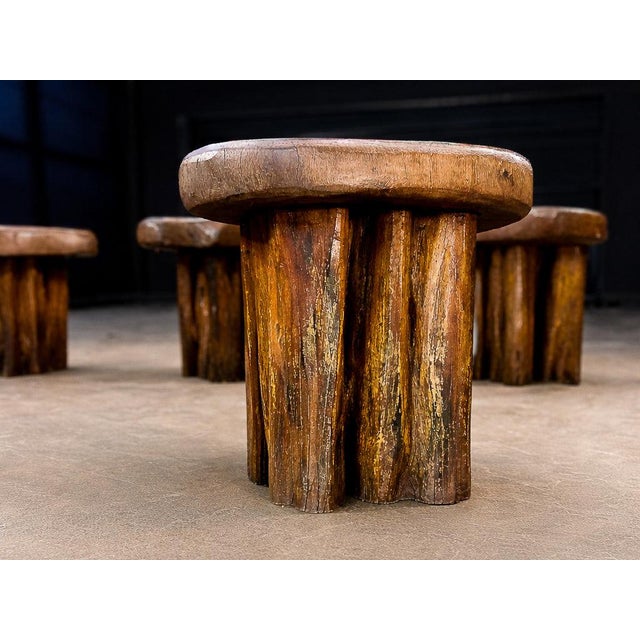 This compelling set of six sculptural stools is an important example of Brazilian Denúncia furniture, a movement that...